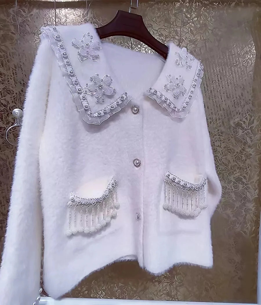 Beaded Flowers Stitch Sweater Cardigan For Women Autumn Winter Beading Tassel Sweater Outwear Knitwear Jacket Coat 250206