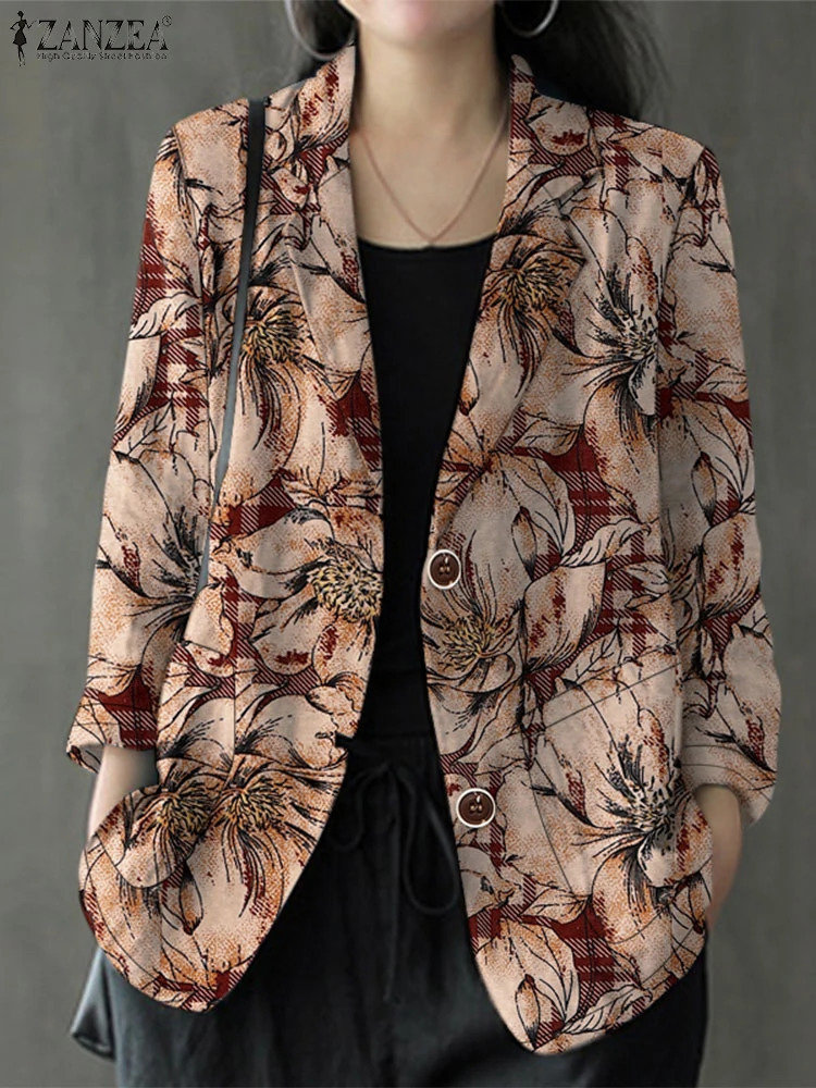 ZANZEA Women Vintage Thin Coats Casual Long Sleeve Lapel Neck Cotton Blazer Autumn Floral Printed Suits Retro Work Jackets 250207
