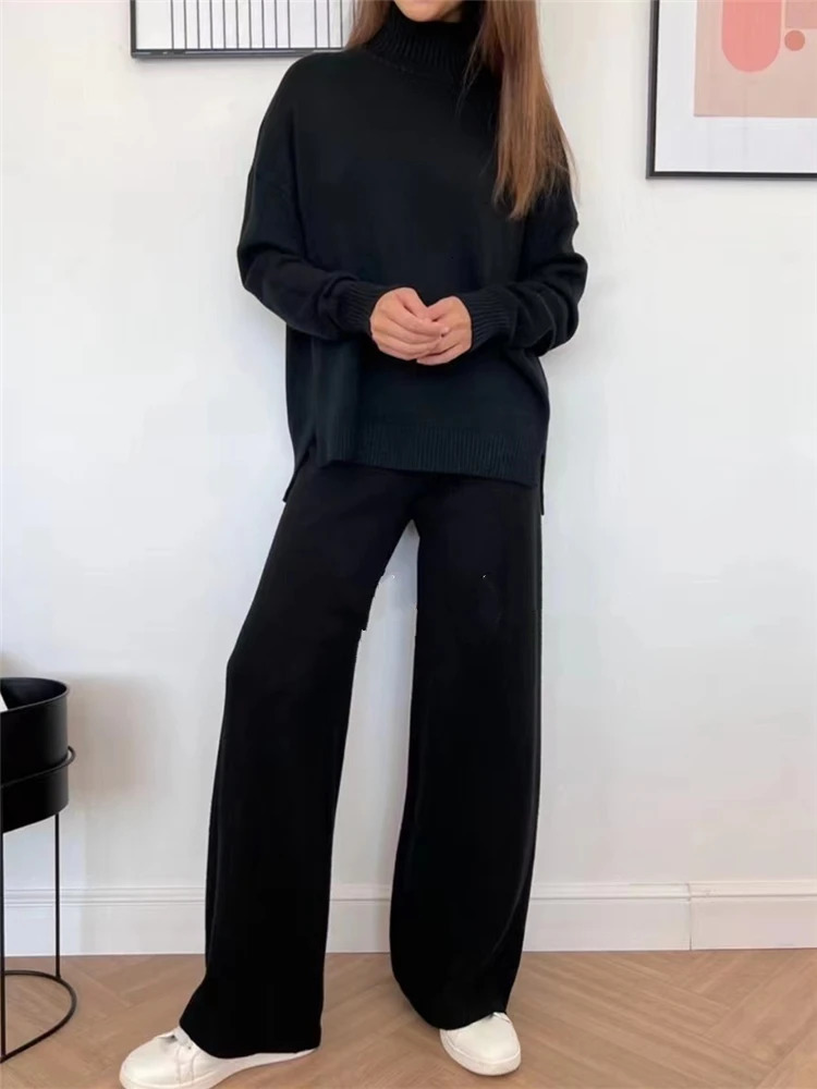 Autumn Winter 2 Pieces Women Sets Knitted Tracksuit Turtleneck Sweater and Straight Jogging Pants Suits 250207