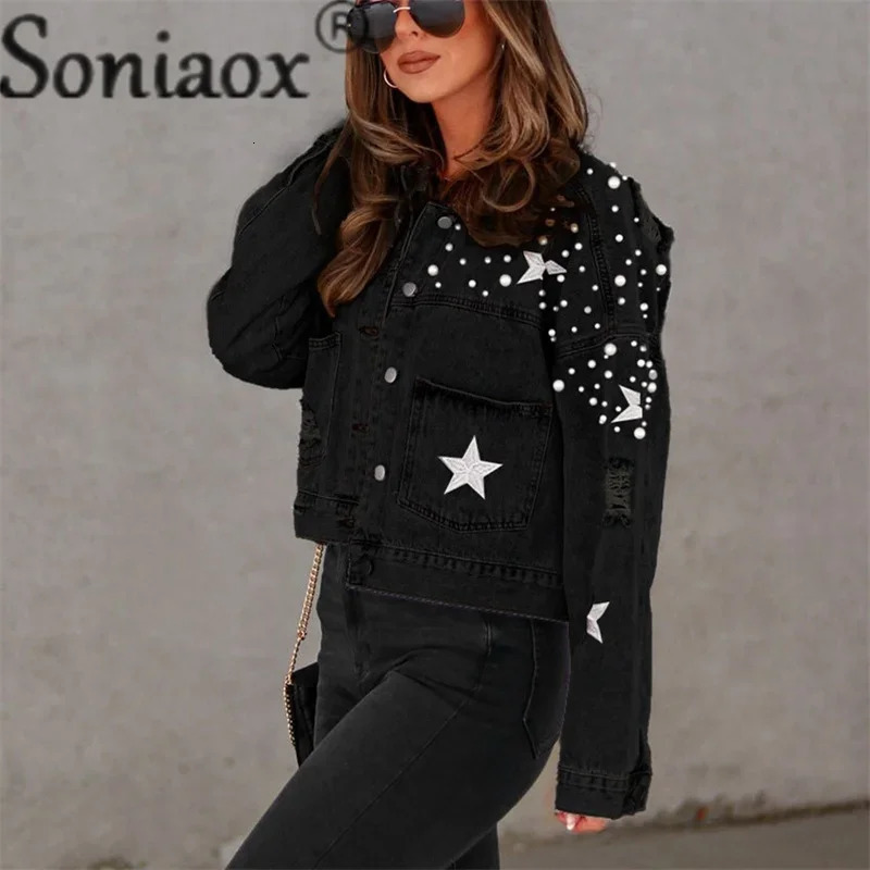 Fashion Bead Button Splicing Split Back Hem Denim Jackets Women Autumn Winter Single-breasted Cardigan Coat Casual Outerwear 250122