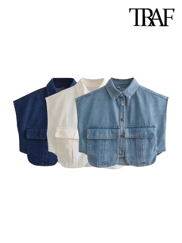 TRAF Women Fashion With Pockets Cropped Denim Shirts Sexy Sleeveless Buttonup Female Blouses Blusas Chic Tops 250121