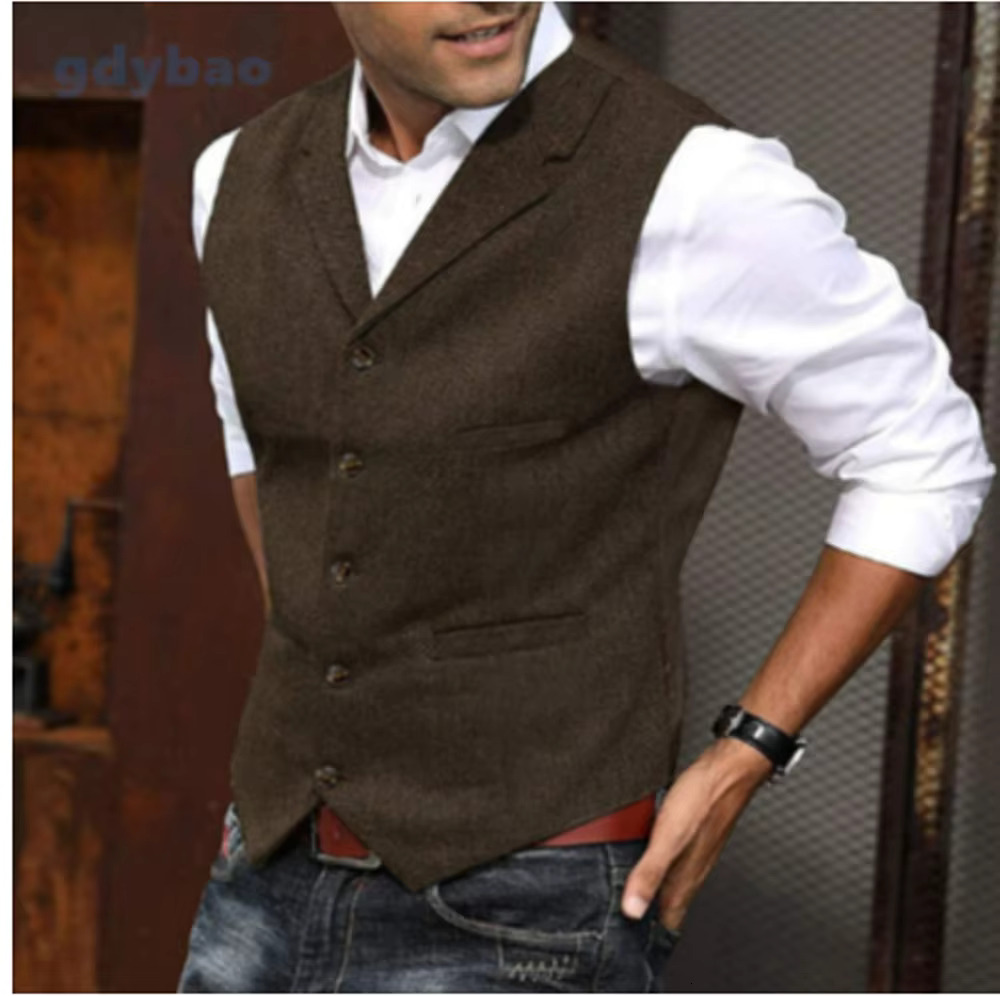 Men's Casual Classic Suit Vest V Neck Herringbone Tweed Slim Fit Business Waistcoat For Wedding