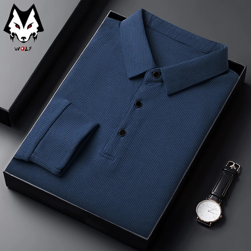 Mens Casual Waffle Polo Tshirt Breathable Comfortable Fashion Long Sleeve 250121