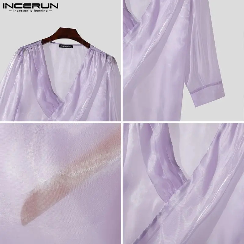 Fashion Well Fitting Tops INCERUN Mens Matte Fabric Swing Collar T-shirts Summer Casual Solid Long Sleeved Shirt S-5XL 250207