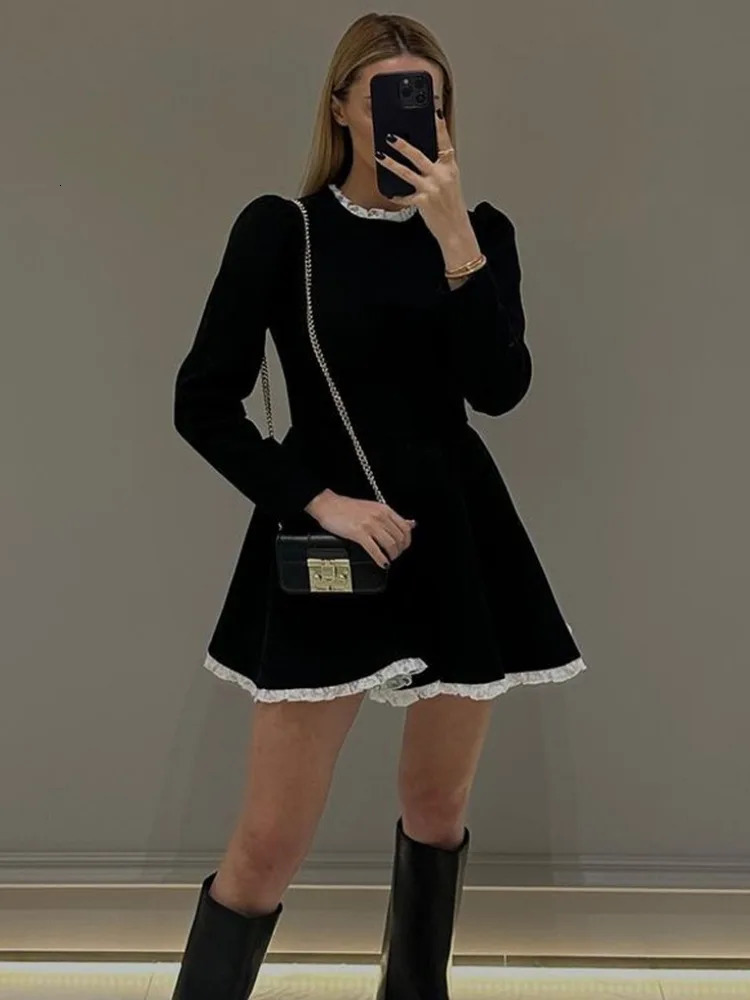 Splice Lace Mini Dress For Women High Waist Slim Elegant Dresses Femme Wedding Retro Temperament Clothes 250206