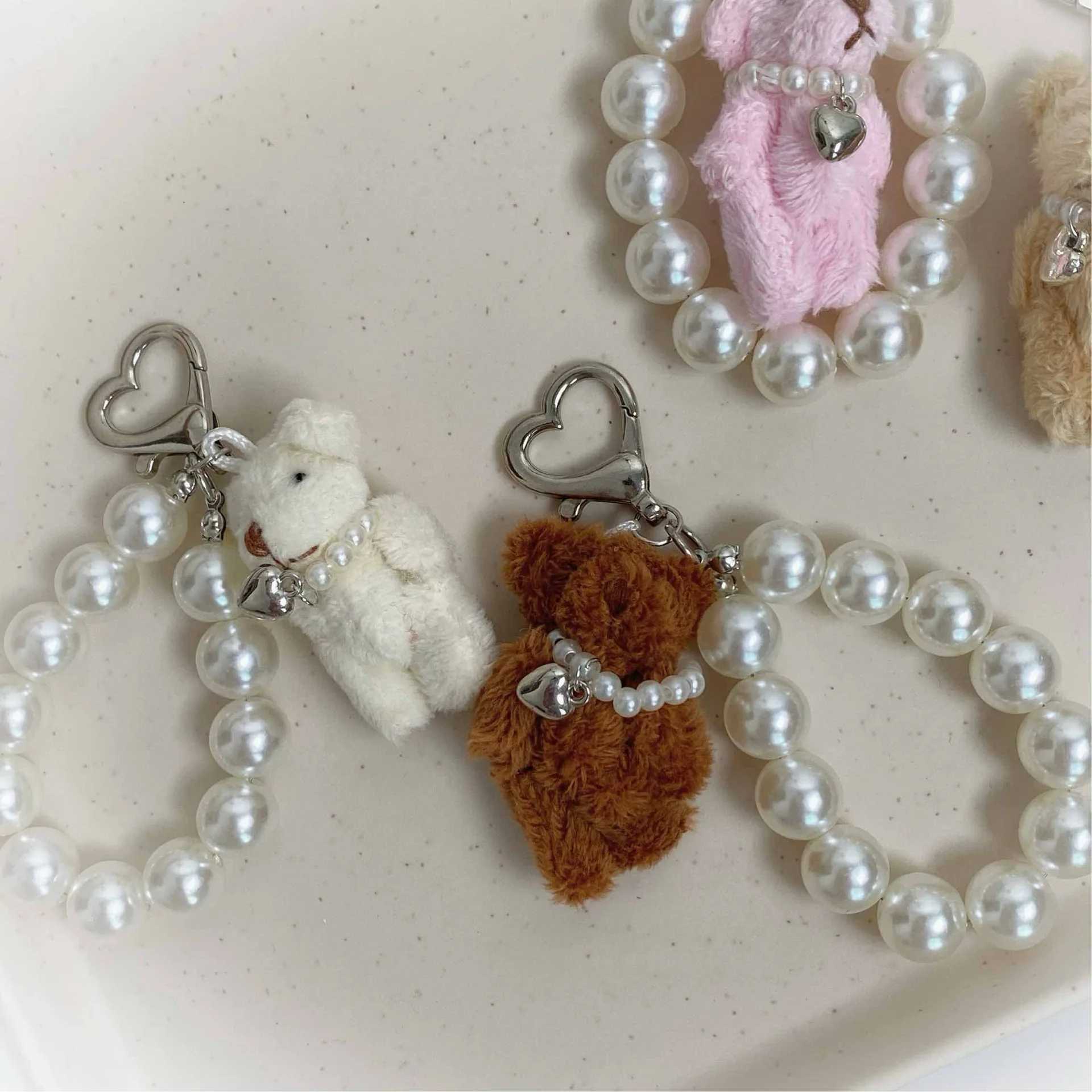 Korean Cute Fluffy Plush Bear Pearl Bowknot Pendant Keychain For Car Keys iPhe Accessories Trendy Keyring Wen Handbags Y250208