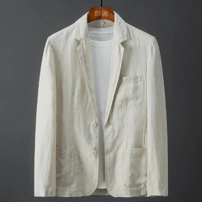 mens spring and summer pure thin casual business breathable white cotton linen suit jacket 250208Z
