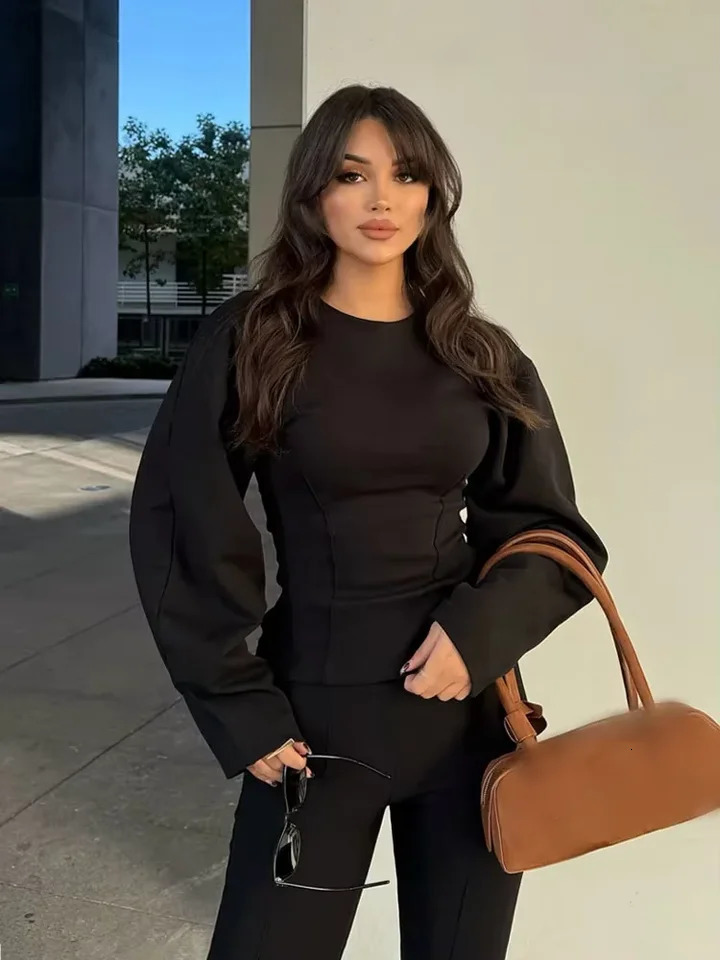 Womens Two Pieces Set Pant Sets Crop Long Sleeve Sets Elegant Womens Suits High Waist Wide Leg Trousers Outfit Streetwear 250207