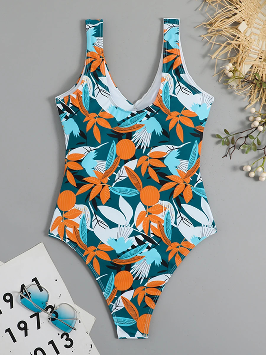 Tropical Print Swimsuit One Piece Knot Side Belted Swimwear Women Padded Bathing Suit Female Swimming Summer Beachwear 250206