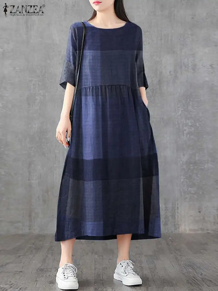 ZANZEA Women Cotton Linen Dresses Vintage Plaid Half Sleeve Midi Vestidos Casual O-neck Long Sundress Holiday Pocket Robes 250206