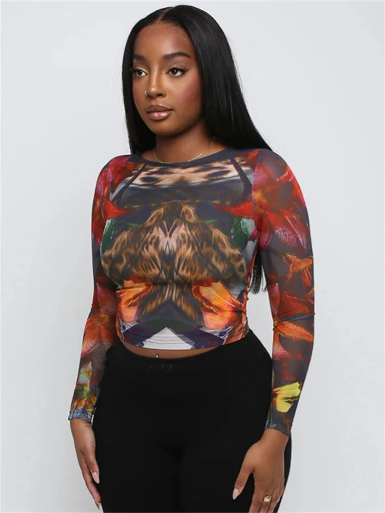 WLWXR Winter Abstract Animal Graphics Long Sleeve Crop Top Women Y2K Fashion Crew Neck Slim T-shirt Streetwear Basic Tees 250207