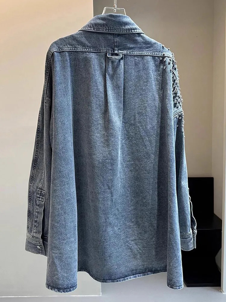 High Street Heavy Industry Rhinestone Blue Denim Jacket Shirt Loose Casual Jean Jacket Spring Autumn Womens Clothing 250116