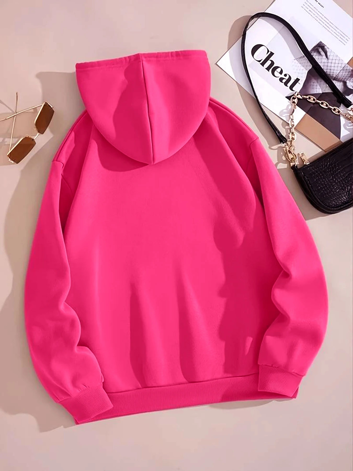 Loose Printed Hooded Sweatshirt For Women Long Sleeve Plus Velvet Kangaroo Pocket Top Casual Sports Pullover 250208Z