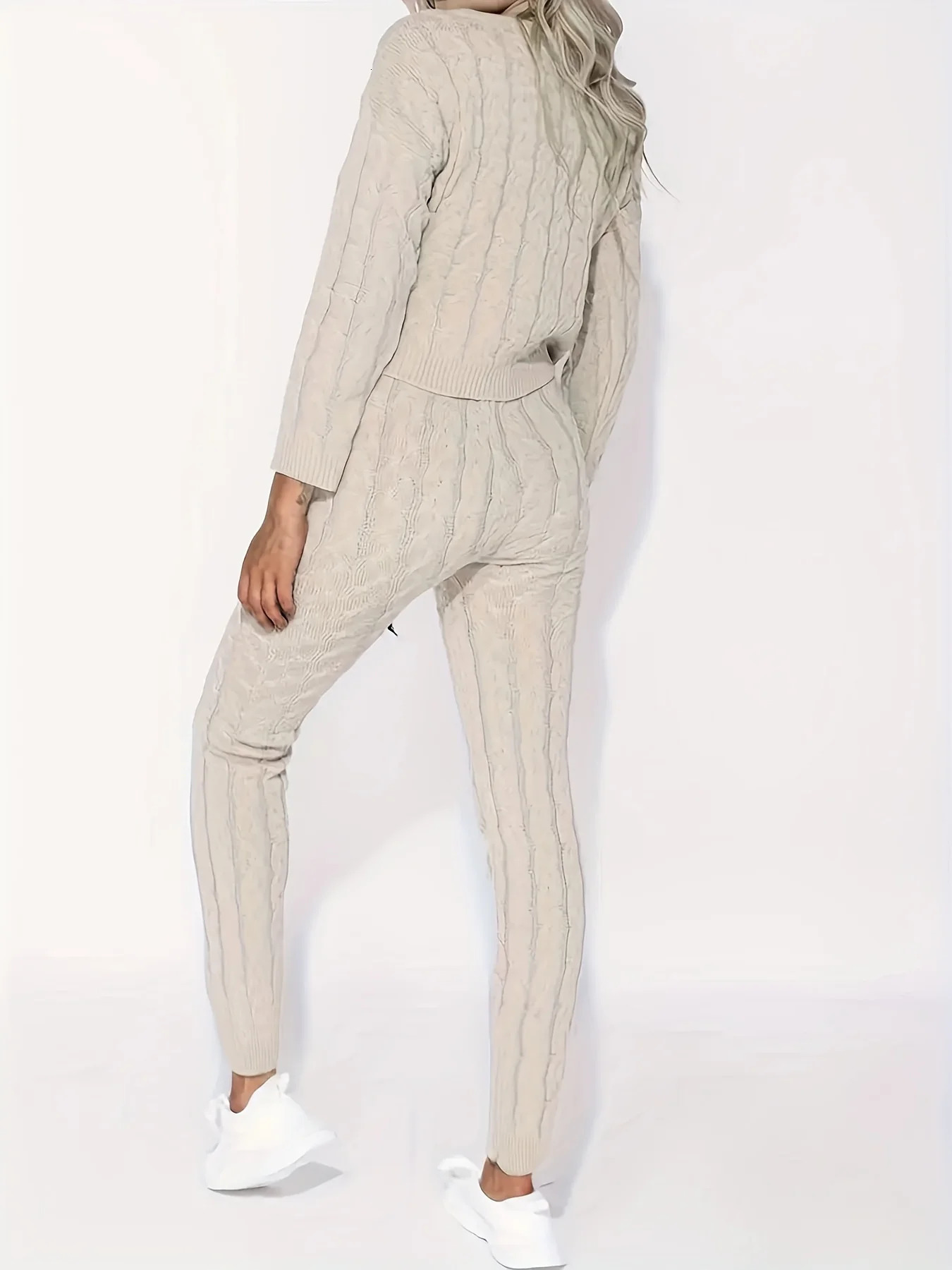 Solid knit matching two-piece casual long sleeved sweater and pants for womens wear 250207