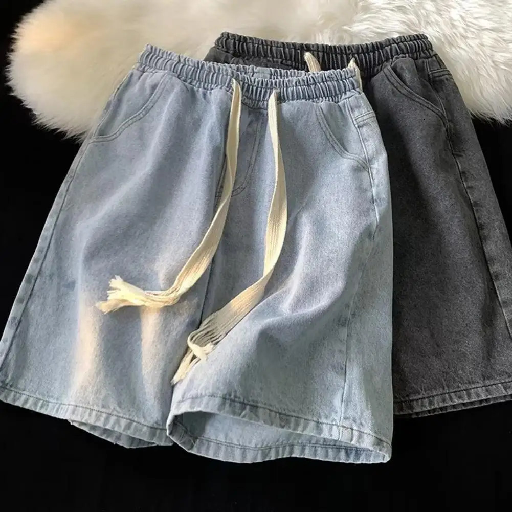 Men Wide-leg Denim Shorts Mens Quick-drying Denim Beach Shorts With Elastic Drawstring Waistband Pockets Summer Wide Leg Shorts 250208