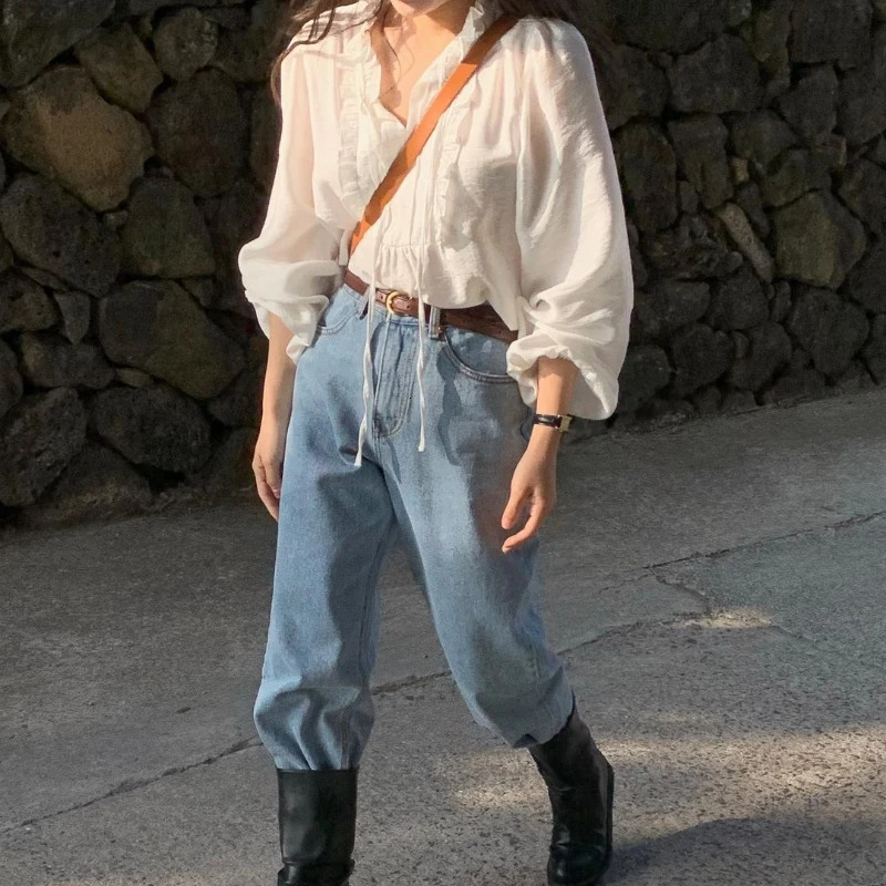 Spring Autumn White Lace Up Womens Blouse 2025 Ruffles Long Sleeve Korean Casual Loose Vneck Shirts Female 250121