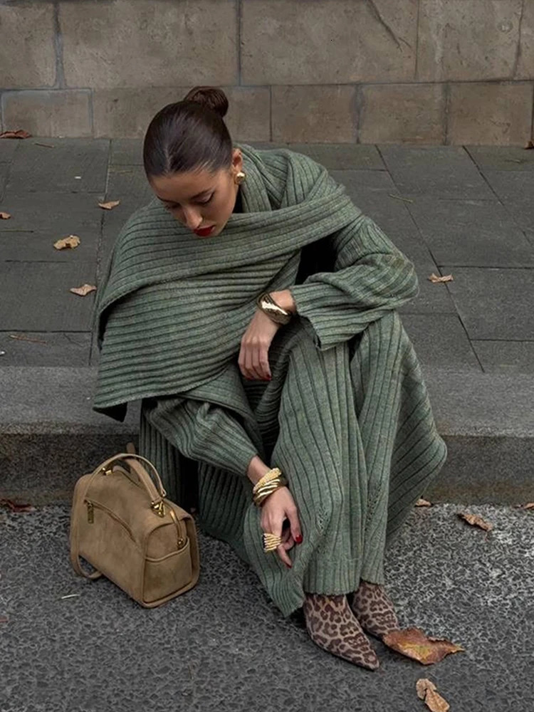 Elegant Knitted Burgundy Red Set Womens Autumn Long sleeved V-neck Loose Top with Scarf Fashion Elastic Wide Leg Pants Set 250207