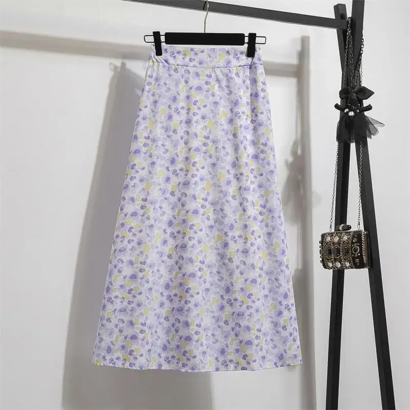 Spring Summer Chiffon Women skirts Casual Floral Printed Woman Long Elastic Waist Female Loose extended Skirt 250208Z