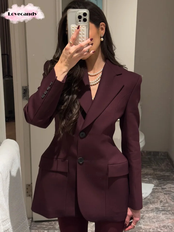 Elegant Burgundy Lapel Single Breasted Short Suit Women Fahion Button Long Sleeves Pocket Coat 2025 Office Commuting Jacket 250208