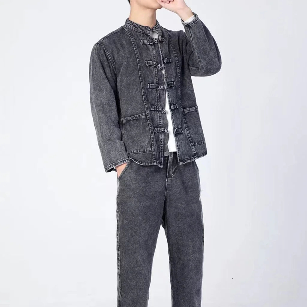 Chinese Style Stand Collar Washed Denim Set Men Chinoiserie Youth Casual Streetwear Tangzhuang Mens Jacket and Jeans 250207