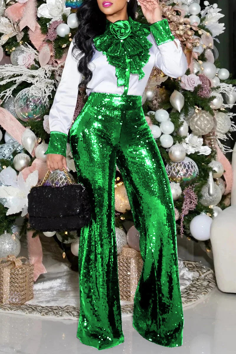 Plus Size Semi Formal Black Sequin Wide Leg Pants High Waist Party Club Shinny Toursers for Women Fashion Vintage Pants 250207