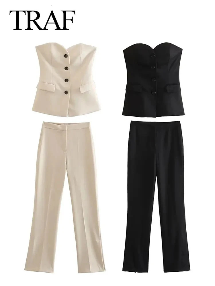 TRAF Women Fashion Solid Pant Suit Sleeveless Off Shoulder Single Breasted Tube TopSimple All-match Straight Trousers Set 250207