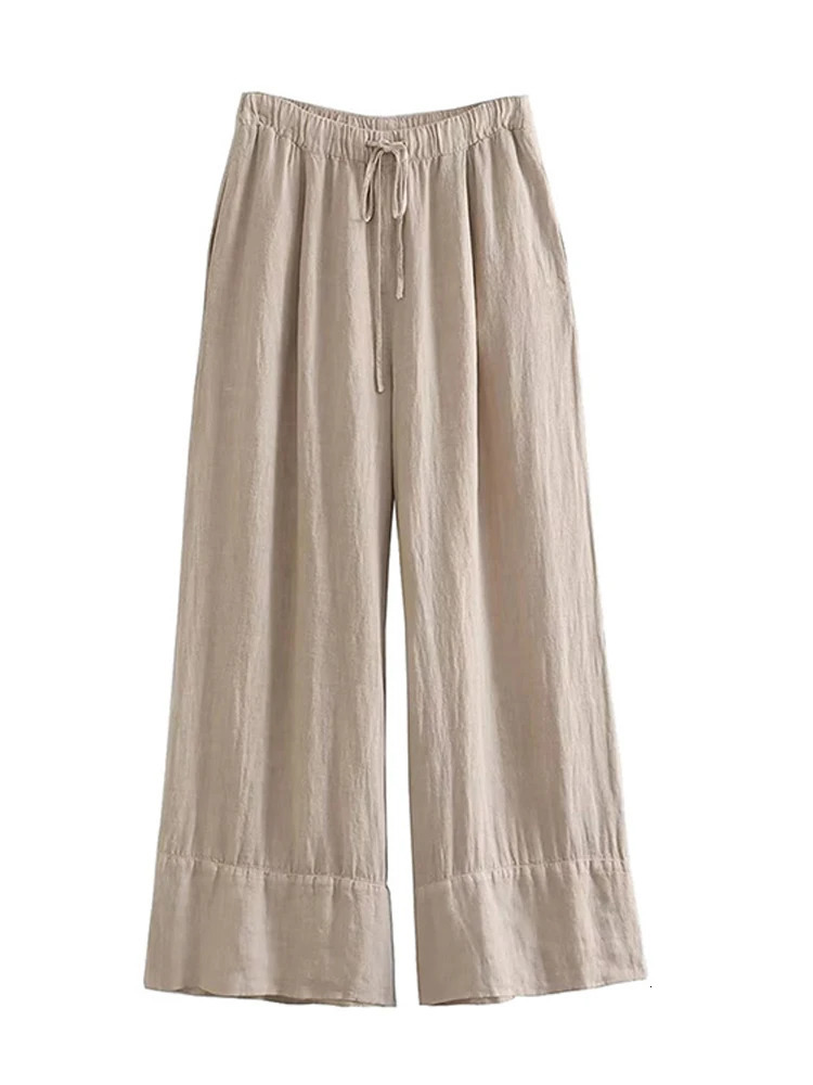 Cotton Linen Pants Set Fashion Halter Crop Top Two Piece Ladies Sets Flimsy Wide Leg 2024 est Summer High Street 250206