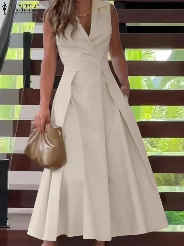 ZANZEA Stylish Solid OL Work Midi Dres Summer Dress Fashion V Neck Party Dresses Elegant Office Lady Sleeveless Sundress 250207