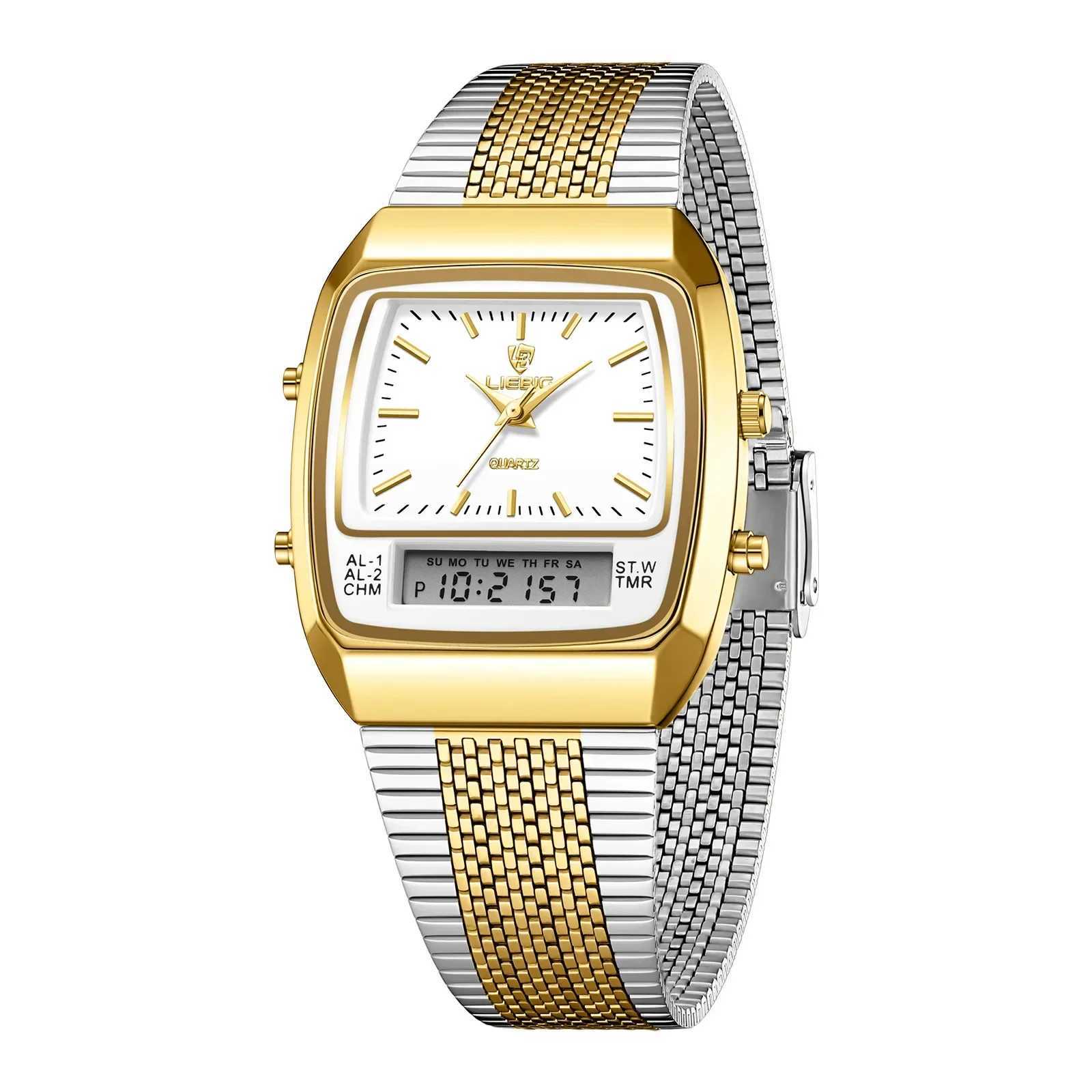 New Golden Steel Strap Quartz Sport Watch Mens Dual Time Week Display Digital Wristwatches Waterproof Clock Reloj Hombre Z250207