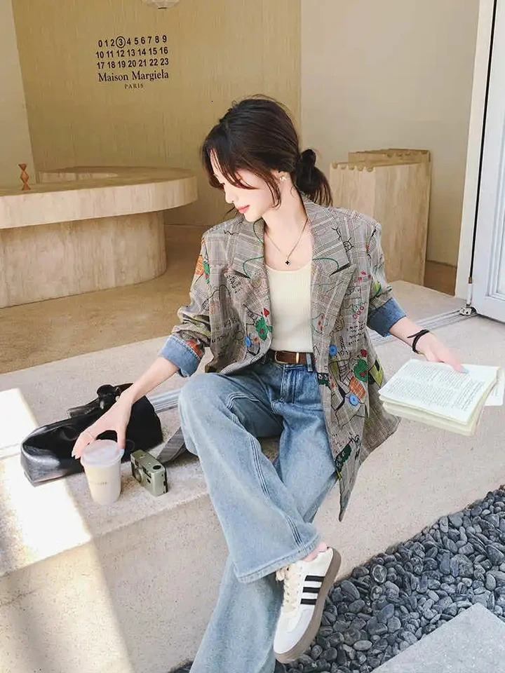 Grey checkered suit womens jacket spring/summer item double-layer corset collar loose casual graffiti print set 250207