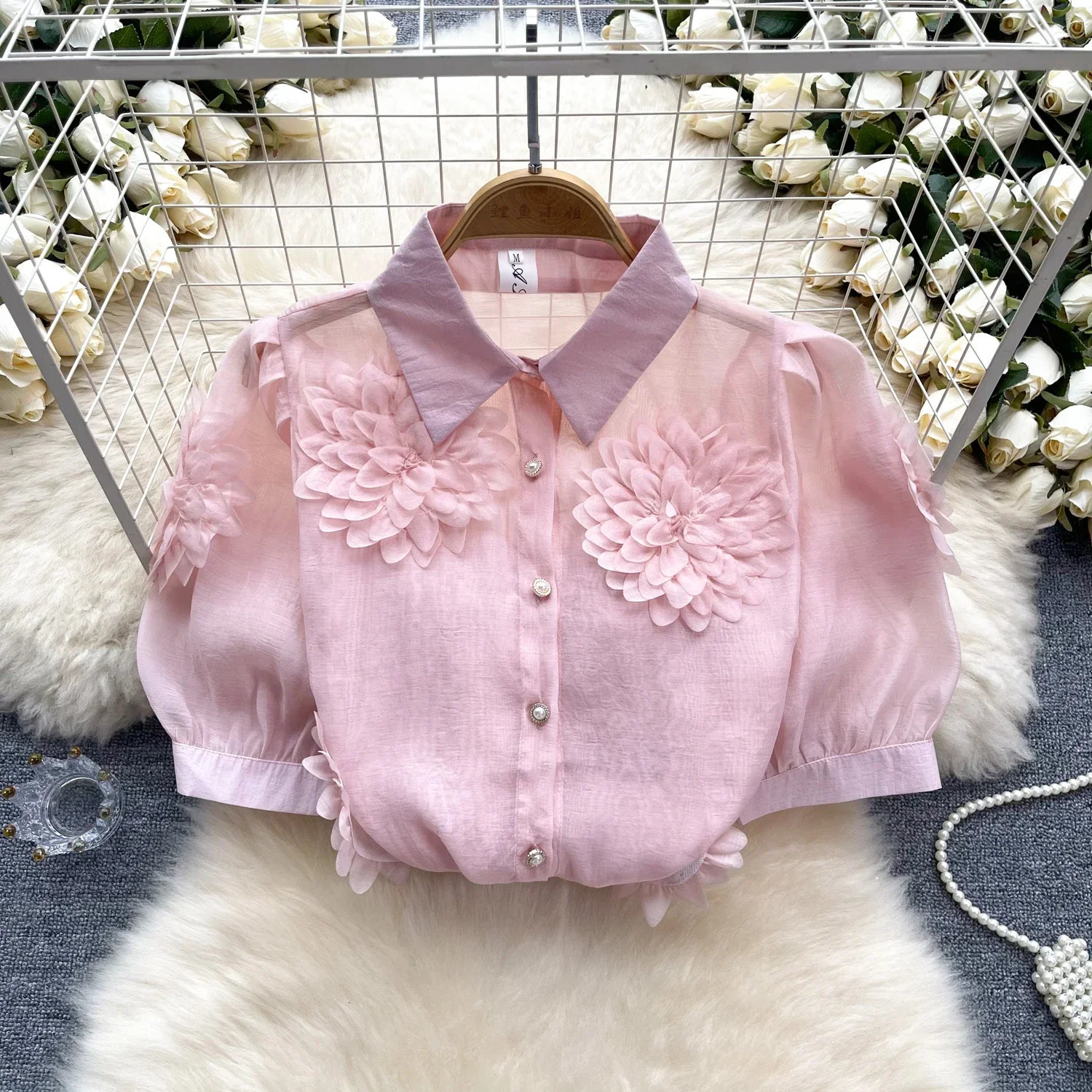 2025 French Style 3D Floral Blouse Women Lapel Neck Short Sleeves Pearl Loose Top Fashion sweet Sheer Chiffon Shirt 250121