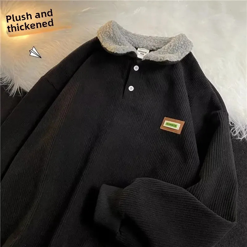Lamb Fur Mens Hoodie Coat Autumn Winter Thickened Polo Collar Sweatshirt Fleece Lined Fashion Style For Teens And Adults 250207
