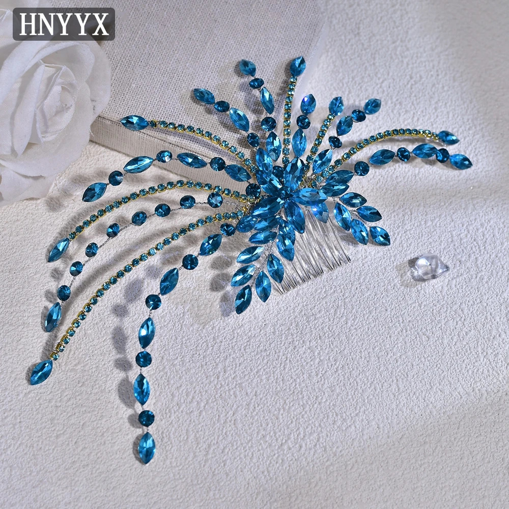 HNYYX Blue Full Rhinestone Hair Comb Elegant Womens Hair Accessories Bridal Hair Clip Wedding Bridal Headpieces A269 250221