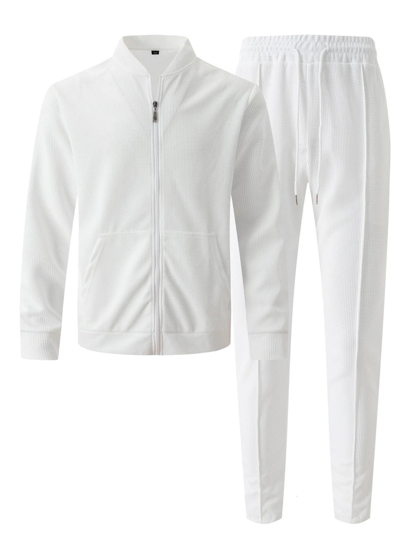 Autumnwinter mens casual blazer set fashion Waffle baseball suit round neck pocket zipper long sleeve trousers two-piece se 250207