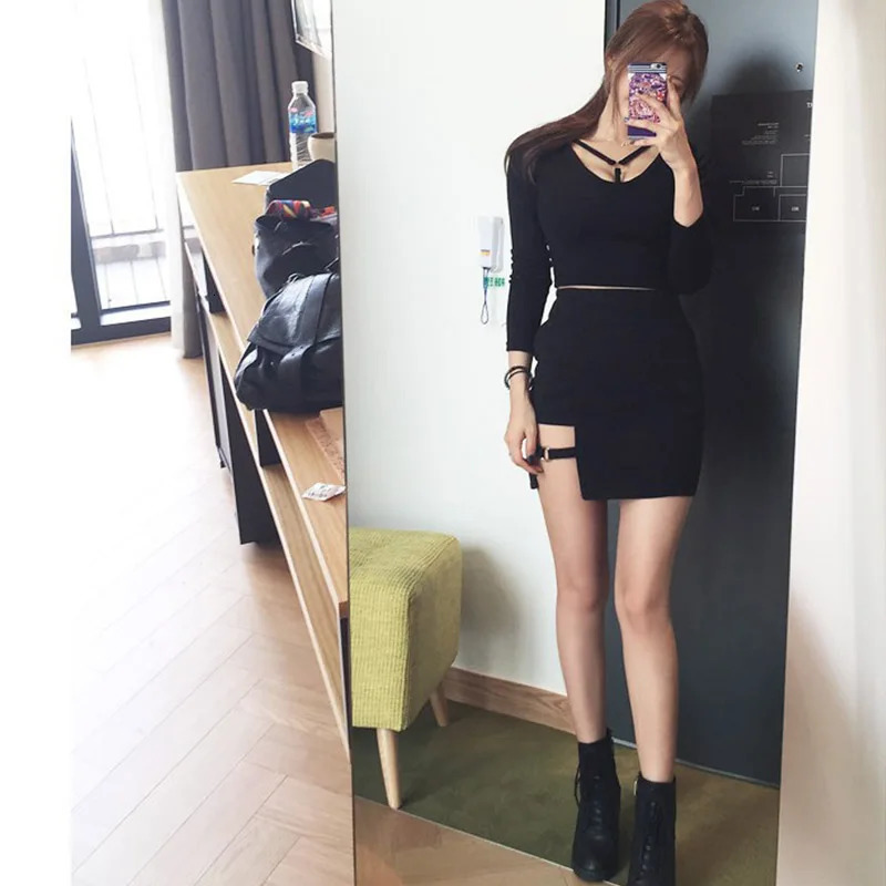 Korean Style Black Package Hip Skirts Irregular Hem Pencil Micro Mini Skirt Sexy Slim Women Party 250208Z