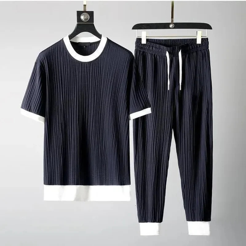 Men Outfit Set Summer Thin Short Sleeve T Shirts 2 Piece Tracksuit Korean Fashion O Neck Pullovers Sport Clothes 250207
