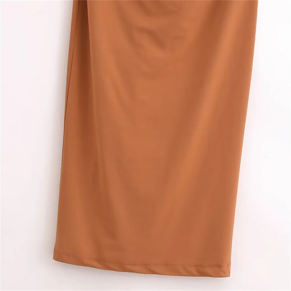 TRAF Autumn product womens warm simple open n pleated short sleeved slim fit backless long skirt Midi dress 250207