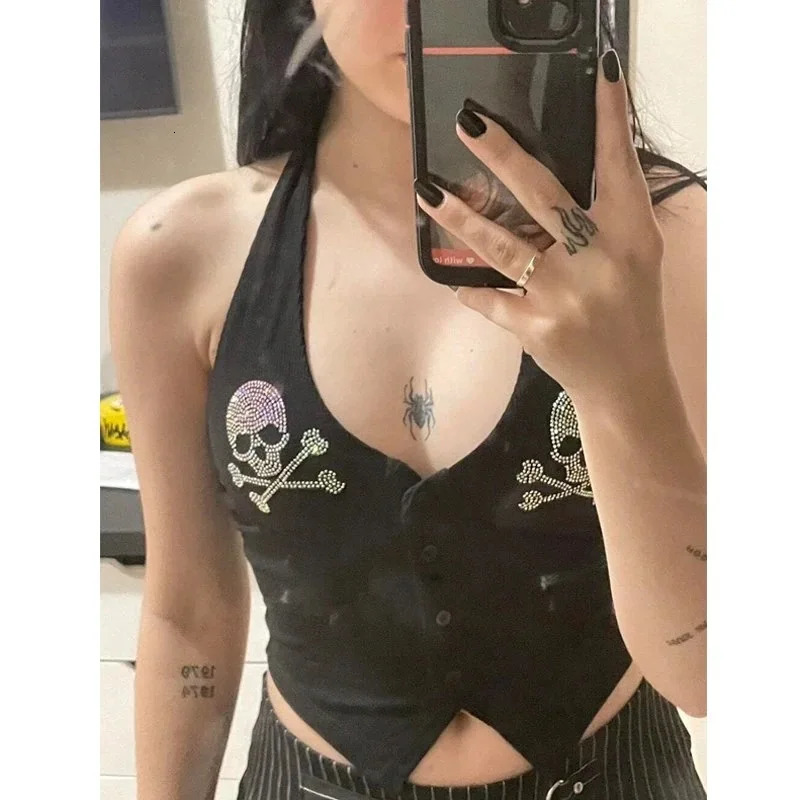 Y2k Emo Girl 2000s Goth Skull Rhinestone Tops Halter Grunge Crop Top Sexy Backless Vintage Punk Women Tank Tops 250116