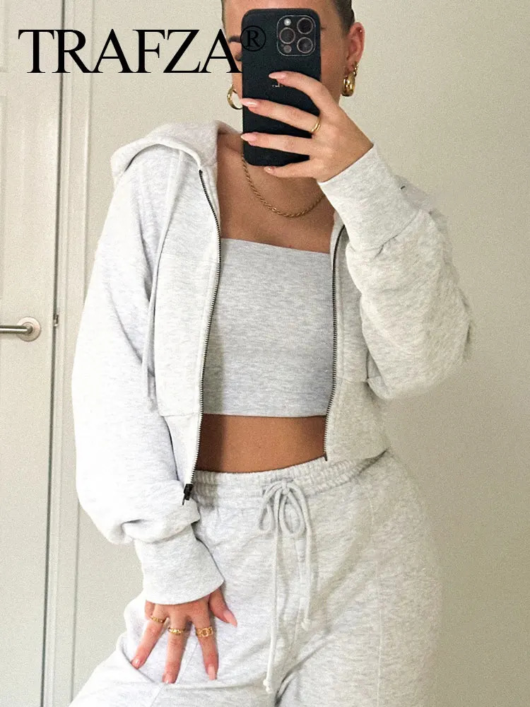 TRAFZA Bomber Jacket Pant Set For Women Casual Long Sleeve Zipper Coat Vintage Solid Sweatshirt Suit Spring Woman Streetwear 250207
