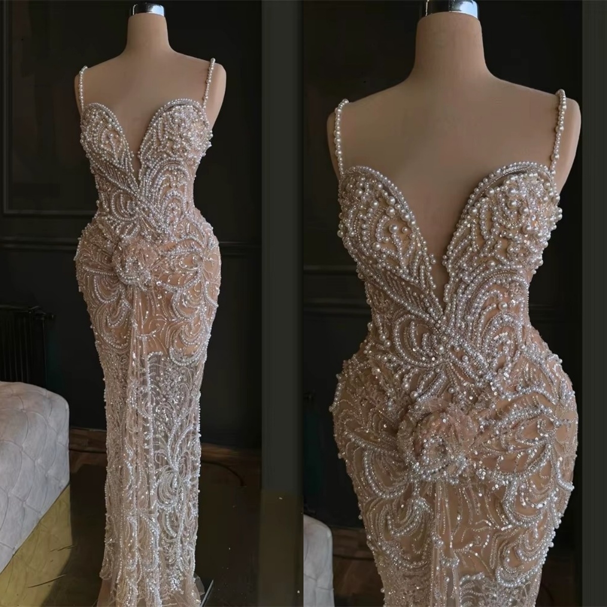 Exquisite Wedding Dresses Pearls Sequins Bridal Gowns Mermaid Spaghetti Straps Sleeveless Illusion Customized Princess Sweep Train Bride Dress Vestido