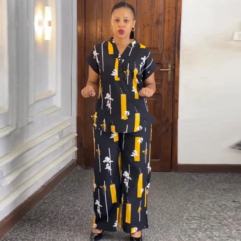 African Fashion Pants Set Women Blouse Straight Trousers Two Piece Set Woman Shirt Tracksuit Set Summer Top Matching Sets 250207
