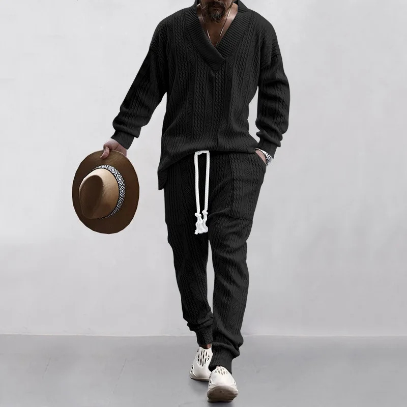 Male Beach Set Quick Dry Hawaiian Casual Pants V-neck All Matching Jacquard Knit Mens Suit Solid Color Long-Sleeved TopPants 250208