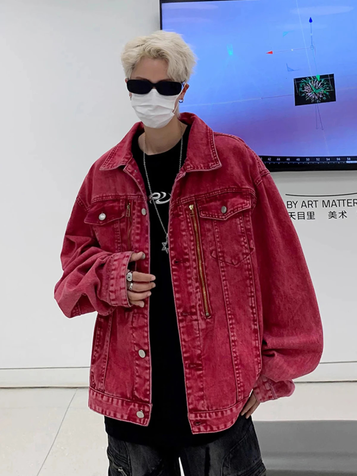 REDDACHIC Distressed Red Denim Jacket for Men Windbreaker Zipper Decor Loose Casual Bomber Coat Autumn Vintage Y2k Streetwear 250207