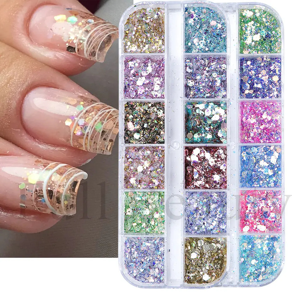 1Box Mermad Iridescent Hexagon Nail Art Glitter Sequins Holographic Flake Powder Paillette Gel Polish Decorations For Nails LYDJ 250115