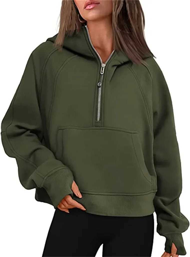 Autumn Winter Womens Yoga Suit Scuba Half-Zip Hooded Sweatshirt Loose Fit Cropped Fleece Lining Cap-Sleeve ThickenedT250207