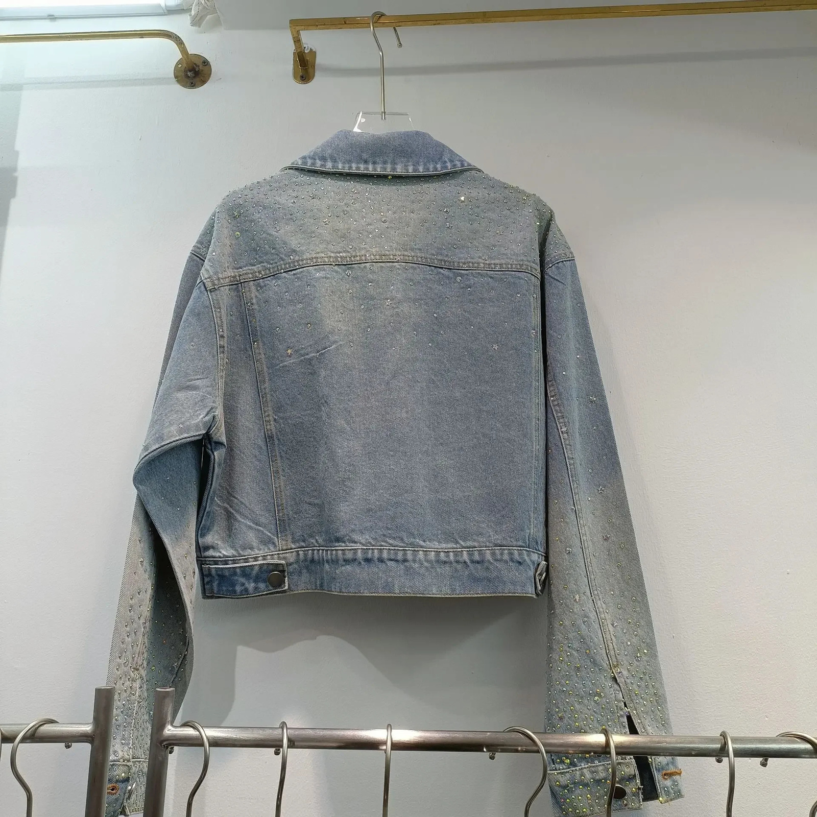 Style Denim Jacket Womens Cropped Top Loose Fit Casual Diamond Embellished Gradient Denim Coat From Korea 250122