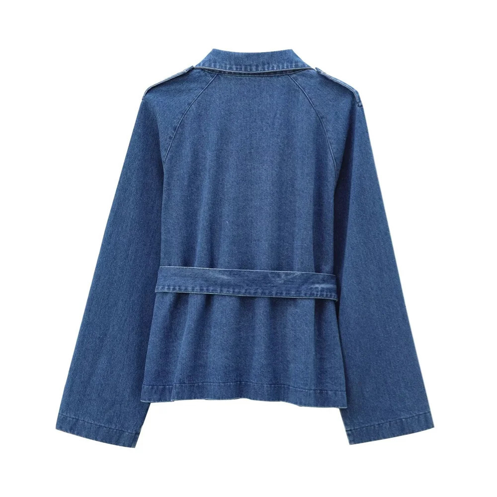 TRAF Autumn womens casual versatile lapel double breasted decoration with belt double breasted denim jacket 250122