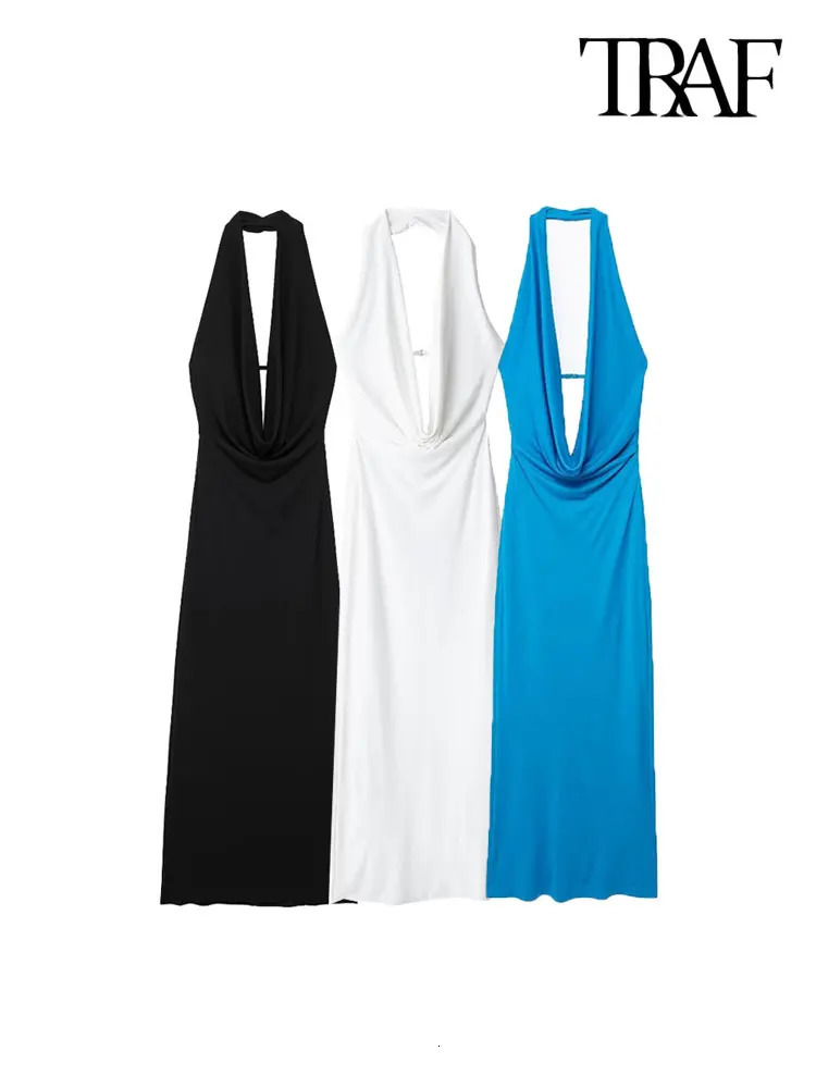 TRAFWomens Draped Halter Neck Midi Dress Backless Back with Strap Party Female Dresses Sexy Fashion 250207