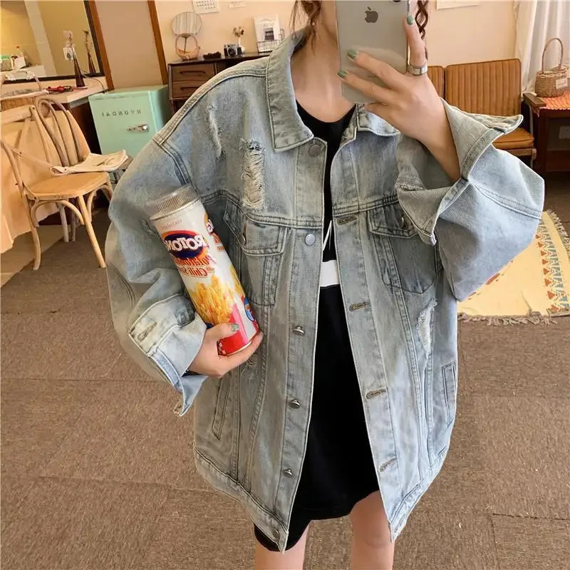 Denim Coat Women Hole Jackets Casual Jacket Turn Down Collar Y2k Tops Coats Single Breasted Elegant Spring Autumn Outerwear 250122