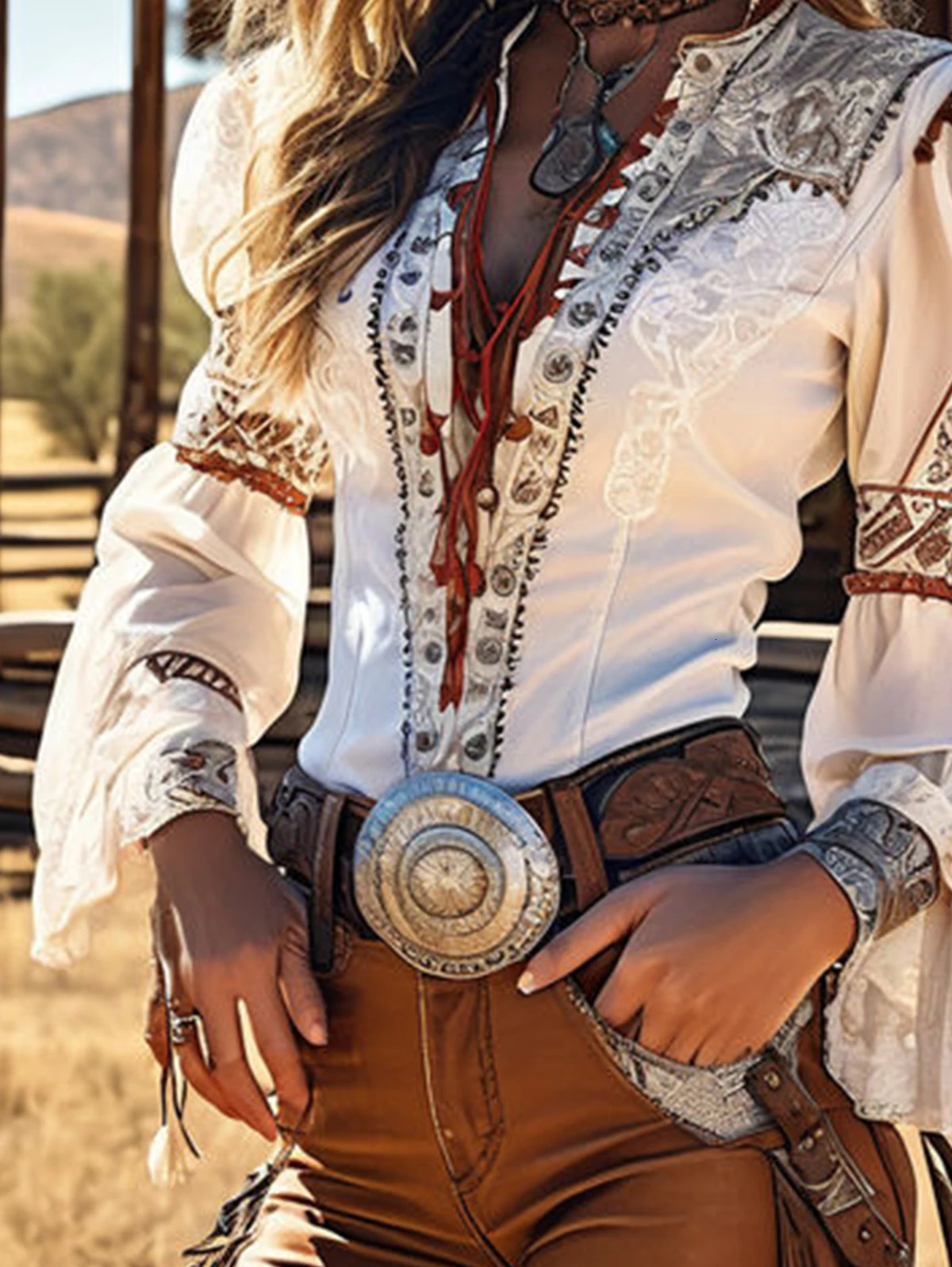 Elegant Chic Women Tops Western Print Lace Up V Neck Flare Sleeve Shirt Lace Patchwork Long Sleeve Vintage Blouse250207